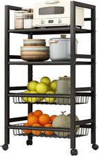 Four-Tier Metal Rolling Rack, Removable Metal Sheets, Grid Baskets with Wheels, Kitchen Storage Cart, Shelf for Pantry, Bathroom, Kitchen, Office, Garage, Black (Medium)