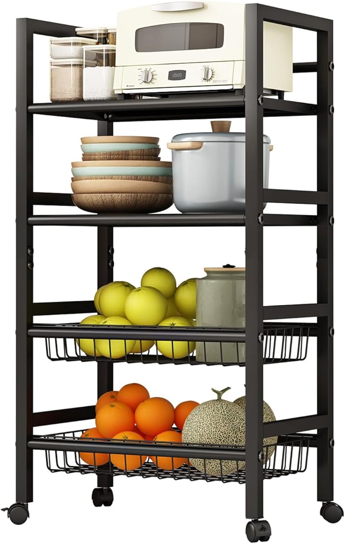 Four-Tier Metal Rolling Rack, Removable Metal Sheets, Grid Baskets with Wheels, Kitchen Storage Cart, Shelf for Pantry, Bathroom, Kitchen, Office, Garage, Black (Medium)