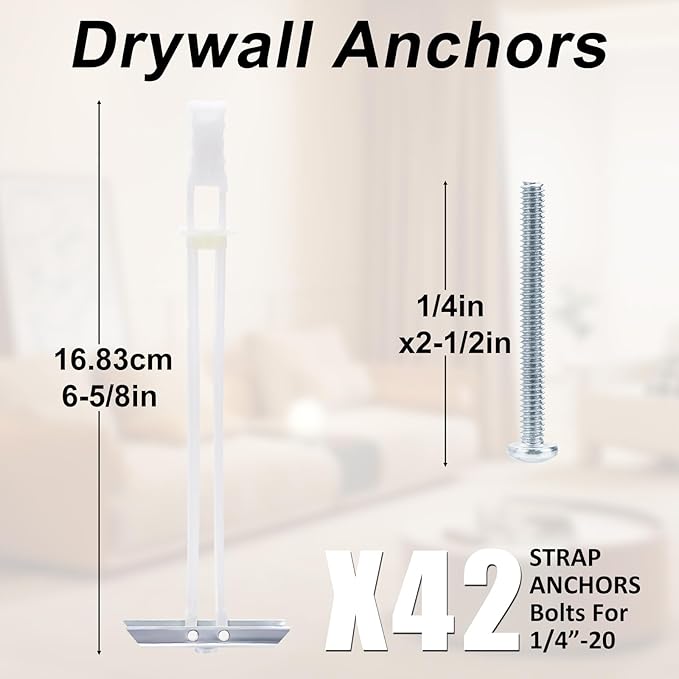 Heavy Duty Drywall Anchor Bolts with 1/4"-20 Fastener Suitable for TV Mounting Hollow Wall Anchor Bolt Screw Kit Supports Up to 270 lbs Each on 1/2 Inch Drywall Pack of 42