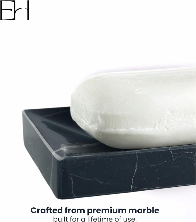 Natural Marble Soap Dish for Shower with Silicone Non-Slip Feet, Stone Drying Tray, Bar Soap Saver, Holder Container for Bathroom Decor Accessories(Black Marquina, Rectangular)