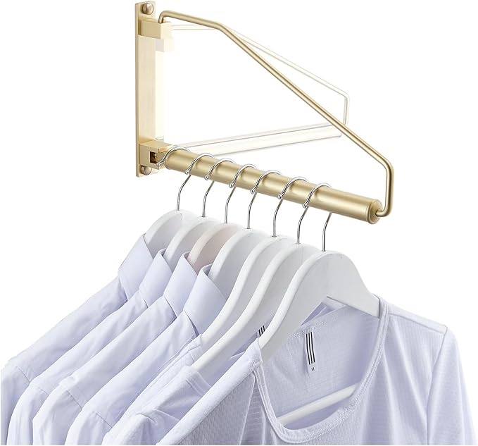 Folding Wall Mounted Clothes Hanger Rack Clothes Hook Solid Brass with Swing Arm Holder Clothing Hanging System Closet Storage Organizer Heavy Duty Drying Rack Wall Mount,Brushed Gold