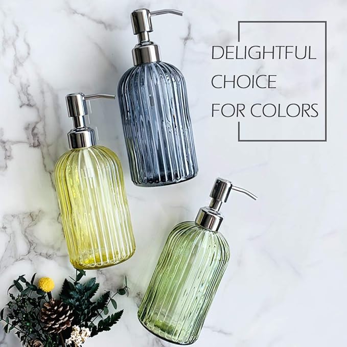 JASAI 18 Oz Vertical Striped Green Soap Dispenser with 304 Rust Proof Stainless Steel Pump, Refillable Lotion Soap Dispenser for Bathroom, Kitchen, Hand Soap, Dish Soap (Clear Green)