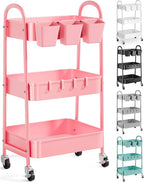 3 Tier Metal Rolling Cart with Lockable Wheels and Handle, Three Tiered Pink Trolley Cart on Wheels, Utility Storage Organizer for Bathroom, Kitchen, Teachers, Art, Crafts, Baby Diaper, Snack, Nail