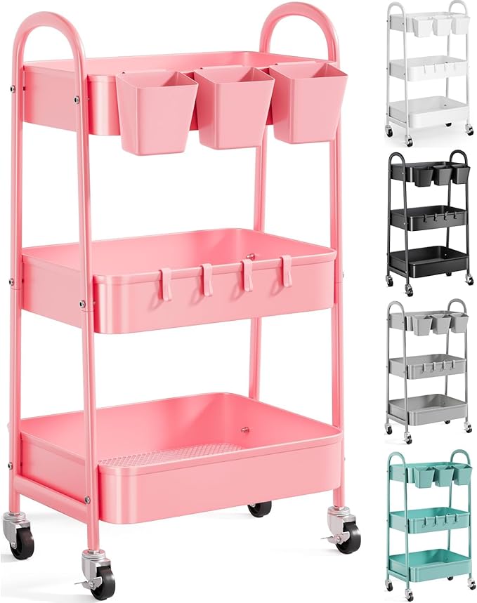 3 Tier Metal Rolling Cart with Lockable Wheels and Handle, Three Tiered Pink Trolley Cart on Wheels, Utility Storage Organizer for Bathroom, Kitchen, Teachers, Art, Crafts, Baby Diaper, Snack, Nail