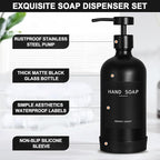 Black Glass Soap Dispenser with Stainless Steel Pump, 16.9 Fl oz Soap Dispenser Set for Kitchen, Matte Black Hand Dish Soap Dispensers for Kitchen and Bathroom, Lotion Dispenser Bathroom Decor