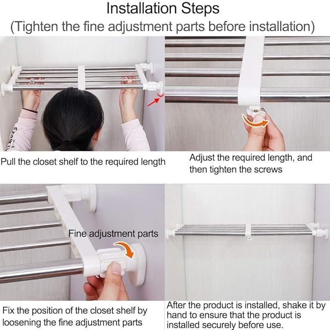 Hershii Expandable Closet Tension Shelf Rod Adjustable Metal Storage Rack Cabinet Organizer DIY Divider Separator Shelves for Wardrobe Cupboard Kitchen Bathroom, Black, 15.75-23.62inches