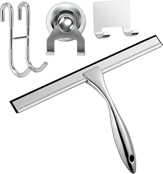 12'' Light Weight Stainless Steel Shower Squeegee for Glass Doors with 4 Pieces Set (1 Window Squeegee, 1 Door Hook and 2 Adhesive Hooks) Perfect Cleaning Tool for Car, Window, Bathroom Mirror