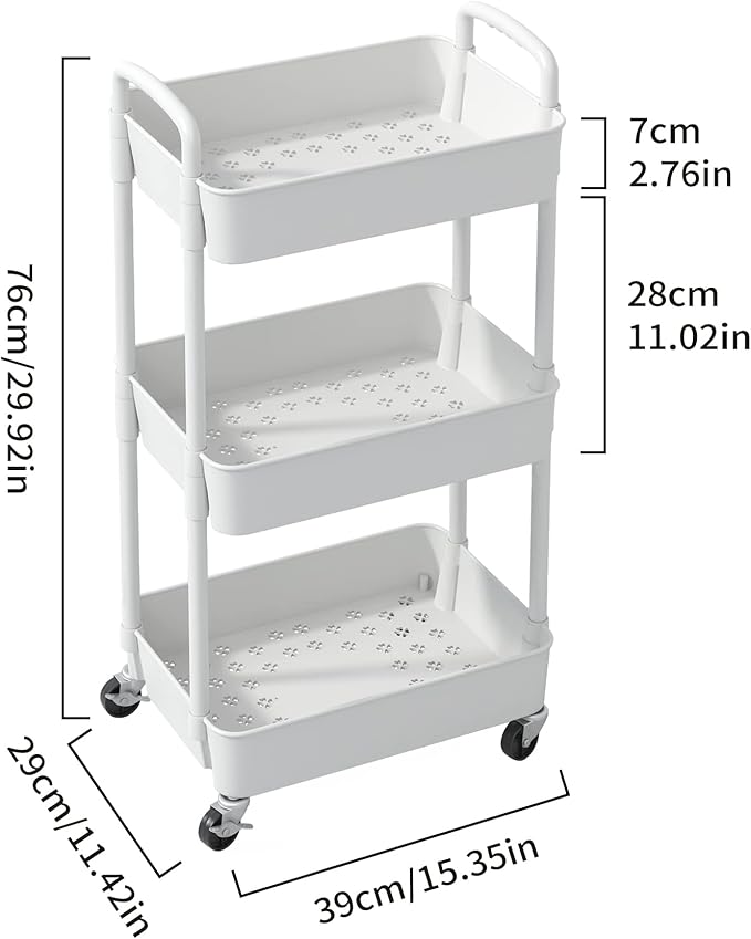 Sywhitta 3-Tier Plastic Rolling Utility Cart with Handle, Multi-Functional Storage Trolley for Office, Living Room, Kitchen, Movable Storage Organizer with Wheels, White