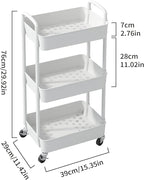 Sywhitta 3-Tier Plastic Rolling Utility Cart with Handle, Multi-Functional Storage Trolley for Office, Living Room, Kitchen, Movable Storage Organizer with Wheels, White