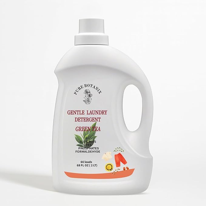 Green Tea Organic Laundry Detergent 68 Fl Oz | 66 Loads, Natural Hypoallergenic Non-Toxic Plant-Based Soap for Sensitive Skin, Concentrated Enzyme Stain Remover, Sulfate Free