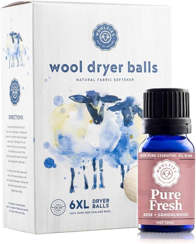 Woolzies Wool Dryer Balls Organic: 6 XL Laundry Balls for Dryer + 10 ml Pure Fresh Essential Oil Combo for use as 100% Pure and Natural Fabric Softener | Best Scented Wool Balls Laundry