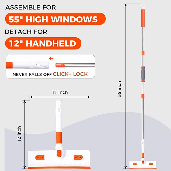 Professional Window Squeegee 2-in-1, Window Cleaner with 55" Extension Pole, Premium Squeegee for Window Cleaning, Streak-Free Window Cleaning Kit for High Windows, Shower Glass, Car Windshield