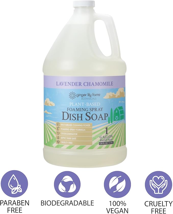 Ginger Lily Farms Botanicals Plant-Based Foaming Spray Dish Soap, Concentrated Formula with Max Grease Cleaning Power, Cruelty-Free, Lavender Chamomile Scent, 1 Gallon Refill (128 Fl Oz)