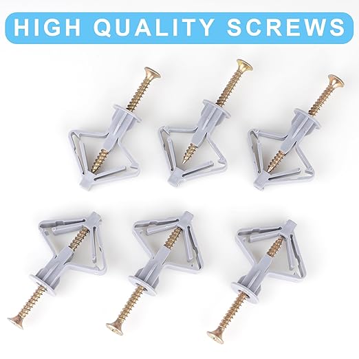 Hollow-Wall Anchors, One Size, 65Lbs Anchors 50pcs+Screw 50pcs Drywall Anchor kit with Screws, Self-Drilling Hollow Wall Anchors, Grey