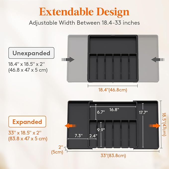 Lifewit Silverware Drawer Organizer, Expandable from 18.7 to 33 inches, Adjustable Utensil Tray for Kitchen, Large Cutlery Holder, Plastic Flatware Storage for Spoons Forks Knives, Black