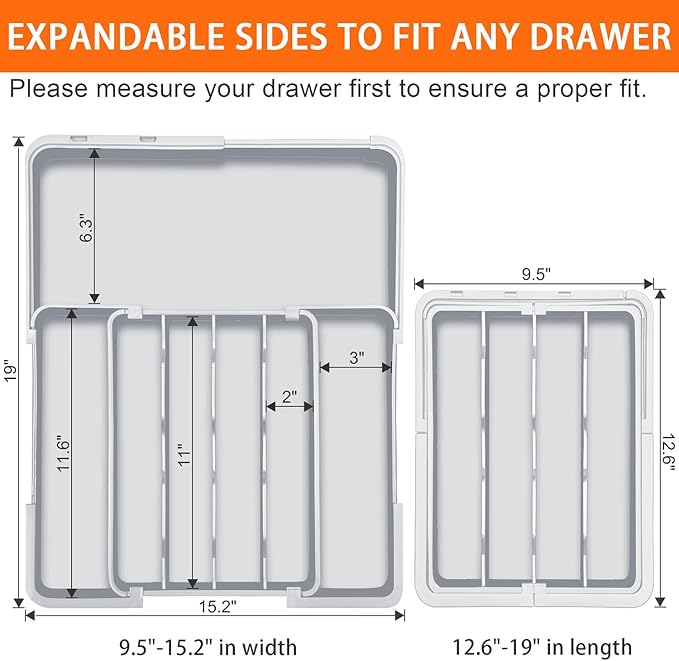 Expandable Silverware Drawer Organizer BPA Free Cutlery Organizer Small Utensil Organizer for Kitchen Drawers Adjustable Spoons Forks Knives Storage Divider, Gray