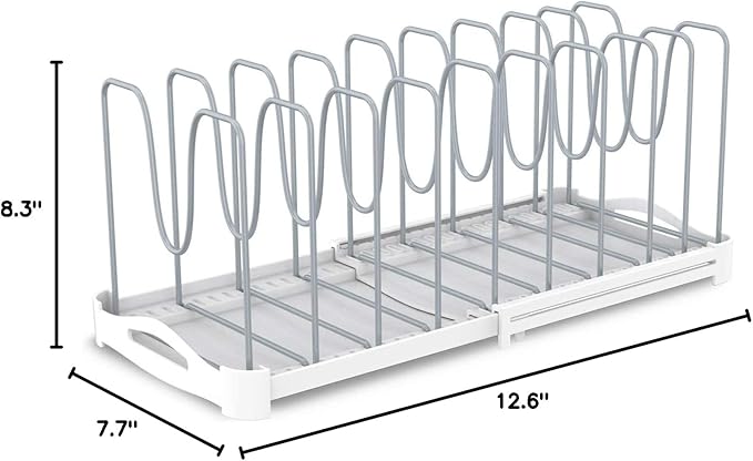 EVERIE Adjustable Bakeware Organizer Pot Lid Holder Rack for Pots, Cake Molds, Cutting Boards, Mats, Cookware, GS02SS, 7.7'' Deep by 12.6'' to 21.5'' Wide