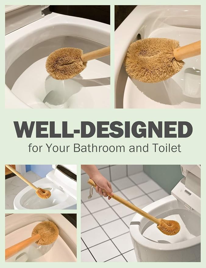 Updated Modern Version Toilet Bowl Brush, Natural Coconut Fiber Brush Head and Beechwood Handle for Bathroom Toilet - Sturdy, Deep Cleaning, Eco-Friendly, Toilet Cleaning Brush with Hanging Hook