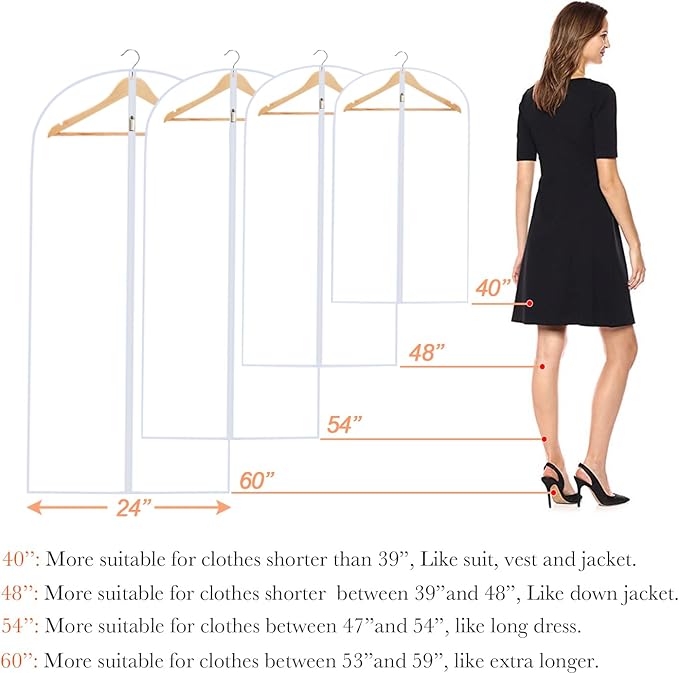 Garment Bag Clear for Long Dress (24'' x 60'' Set of 6) Clothing Suit Bags for Closet Storage Wedding Dress Garment Bags with Zipper Gown Garment Cover for Long Dresses