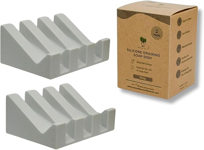 Silicone Soap Dish – 2 Pack, Waterfall Drainer Soap Holder for Bathroom, Suction Cups for Non-Slip Saver for Bar Soap, Sponge Holder & Sink Organizer, Extend Life, Durable & Easy to Clean (Gray)