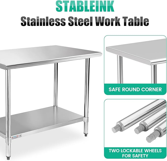 STABLEINK NSF Stainless Steel Table, 30 x 48 Inches 4ft Metal Prep & Work Table with Adjustable Undershelf, for Commercial Kitchen, Restaurant, Hotel and Garage