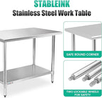 STABLEINK NSF Stainless Steel Table, 30 x 48 Inches 4ft Metal Prep & Work Table with Adjustable Undershelf, for Commercial Kitchen, Restaurant, Hotel and Garage