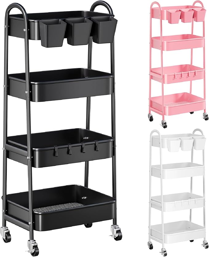 4 Tier Black Metal Rolling Cart with Lockable Wheels and Cups, Four Tiered Utility Storage Organizer on Wheels for Bathroom, Kitchen, Laundry, Garage, Office, Craft, Art, Baby Diaper, Snacks, Books