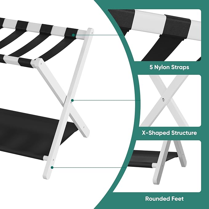 Smuxee White Bamboo Luggage Rack Pack of 2, Foldable Suitcase Stand with Storage Shelf, Easily Assembled Luggage Stand with 5 Nylon Straps for Guest Room Bedroom Hotel