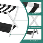Smuxee White Bamboo Luggage Rack Pack of 2, Foldable Suitcase Stand with Storage Shelf, Easily Assembled Luggage Stand with 5 Nylon Straps for Guest Room Bedroom Hotel