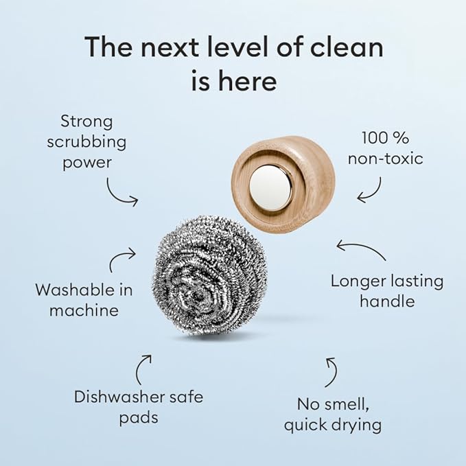 Vove Magnetic Scourer, Stainless Steel Scrubber with FSC-Certified Bamboo Handle, 3 Replacement Pads, Neodymium Magnet, for Cast Iron, Pots & Pans, Griddles, Grills, Plastic-Free Eco-Friendly Cleaner