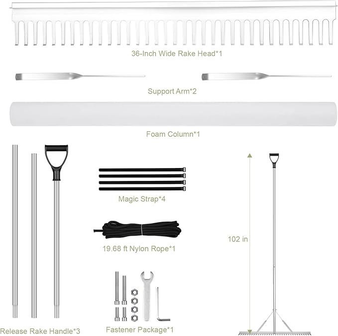 Landscape Rake, 36" Aluminum Heavy Duty Lake Weed Rake, Multifunctional Detachable Aquatic with 102'' Extension Handle & 20Ft Rope, for Weed Algae Removal Loosening Soil Lawn Garden Care