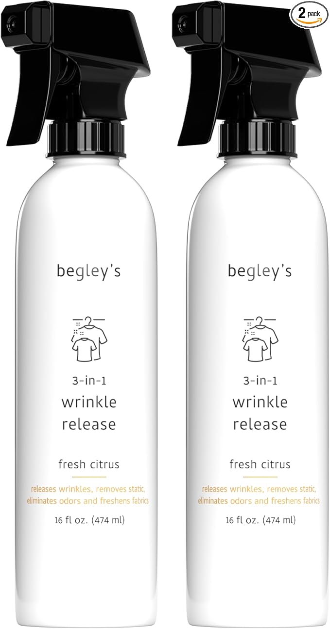 Begley's 3-in-1 Wrinkle Remover, Quick Fix Wrinkle Release, Static Cling Remover, Odor Eliminator and Fabric Refresher Spray - USDA Certified Biobased - Citrus, 16 oz, 2 Pack