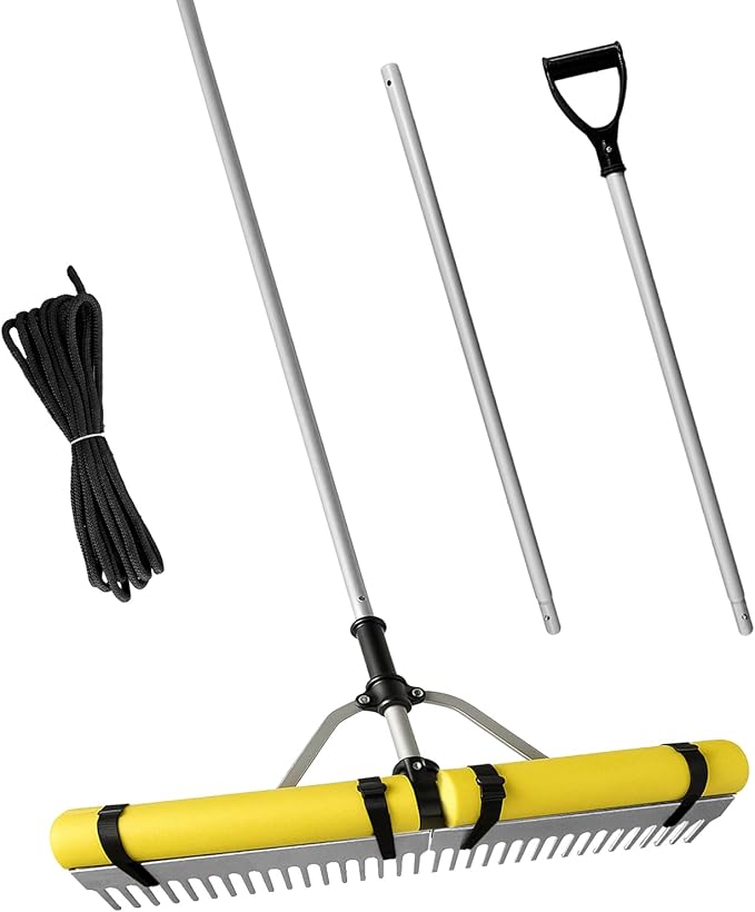 Floating Lake Rake, 36" Head Aluminum Landscape Rake with 103" Adjustable Handle, 20FT Rope & Float, Weed & Algae Removal of Leaves, Floating Scum