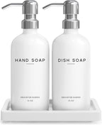 White Glass Hand and Dish Soap Dispenser Set by Brighter Barns - Kitchen Soap Dispenser Set with Tray & Pump for Office, Hotel, Vacation Rental, Airbnb - Modern Kitchen Decor & Accessories (White)