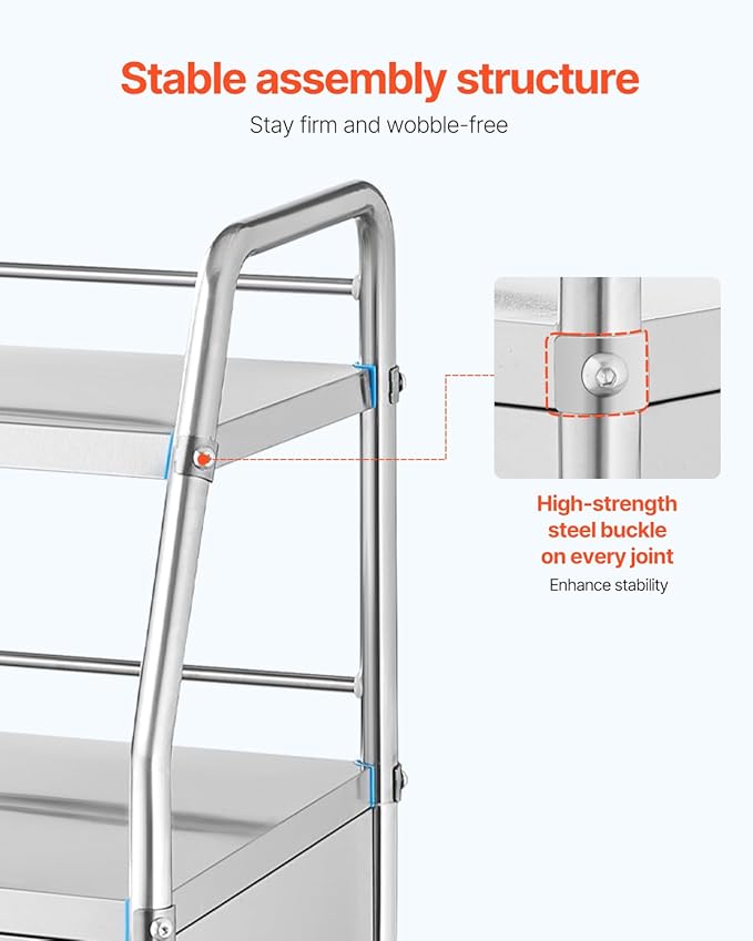VEVOR Service Cart, 3 Layers Stainless Steel Utility Rolling Cart with Drawer, Lockable Wheels, Ideal for Laboratory, Hospital, Dental Use