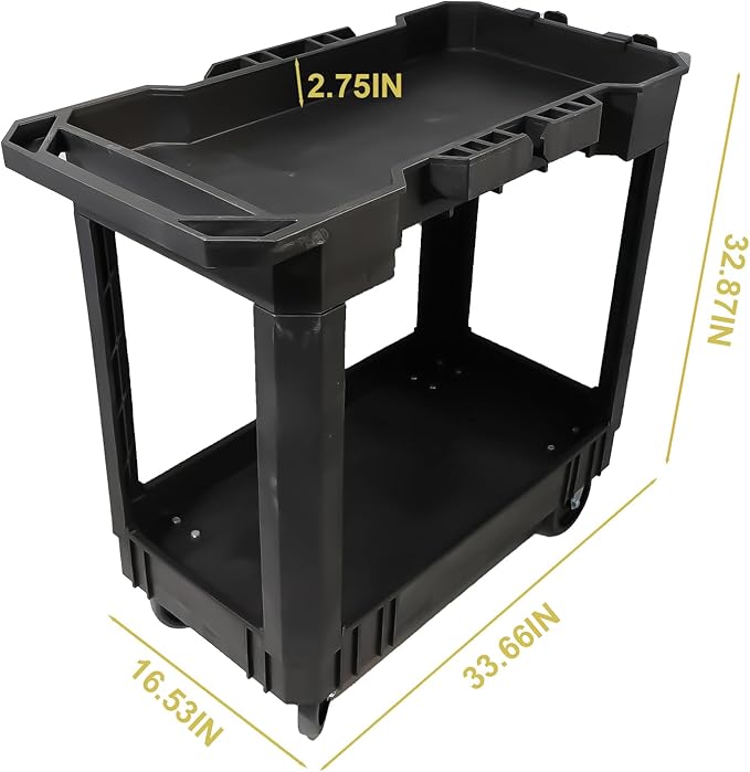 AAIN 2 Shelf Heavy Duty Plastic Utility Cart, Supports Up to 500 Pound Black Rolling Utility Cart. 34 x 17 Inch Service Cart, 4 Wheels, Ergonomic Handle Great for Warehouse,Garage, Cleaning