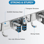 IMILLET Broom Holder Wall Mounted, Stainless Steel Broom Mop Holder Self Adhesive Heavy Duty Hooks Storage Organizer for Home Laundry Room Garden Garage Closet Kitchen 1 Pack（5 Racks with 4 Hooks）