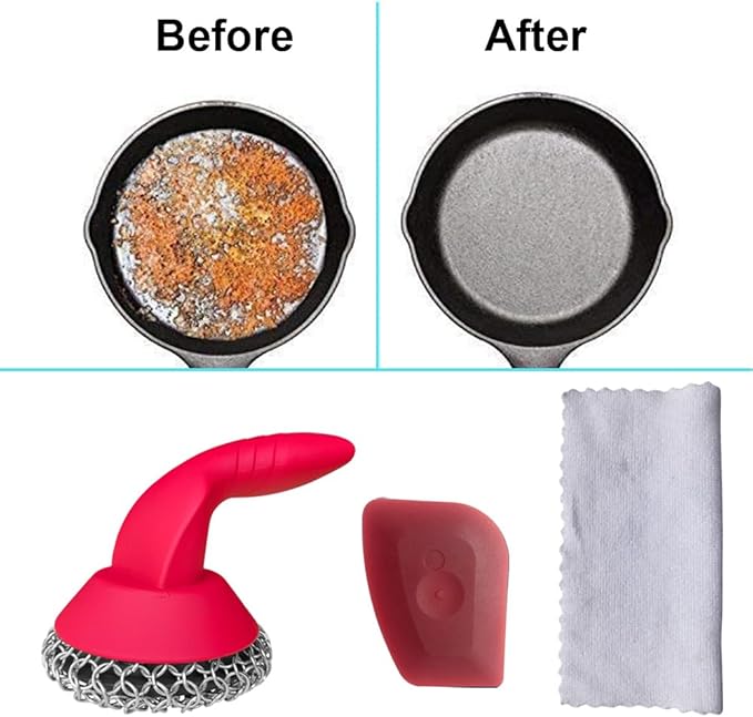 Cast Iron Scrubber with Pan Scraper & Towl, 316 Chainmail Scrubber with Long Handle, Upgraded Chain Mail Scrubber Cleaner for Grill Pan Skillet Wok Carbon Steel Dutch Oven Metal Brush (Red)
