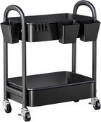 2 Tier Utility Rolling Cart, Storage Organizer Sofa Side Table with Wheels, Under Desk Mobile Trolley Organizer with Handle for Office Home Kitchen Organization, Black