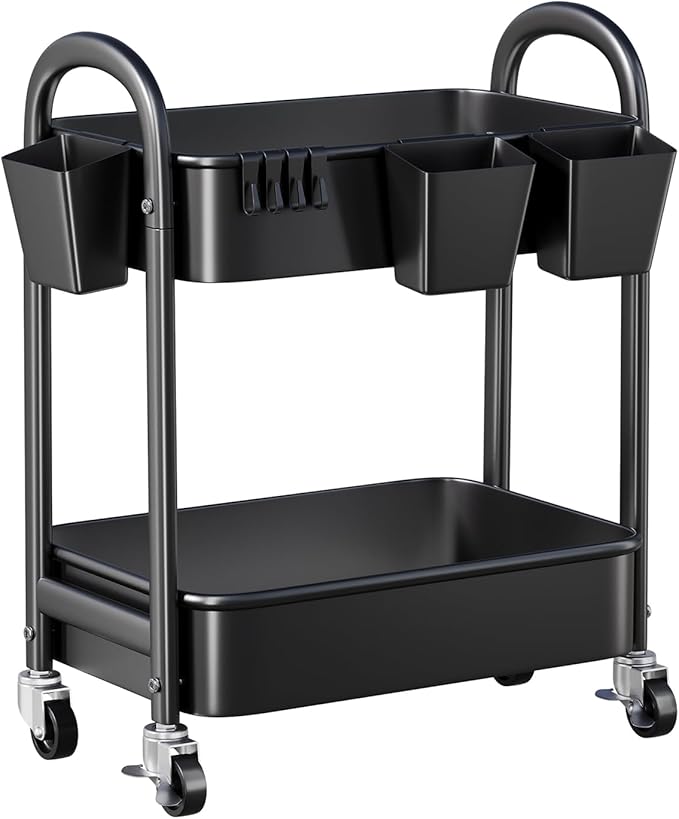 2 Tier Utility Rolling Cart, Storage Organizer Sofa Side Table with Wheels, Under Desk Mobile Trolley Organizer with Handle for Office Home Kitchen Organization, Black