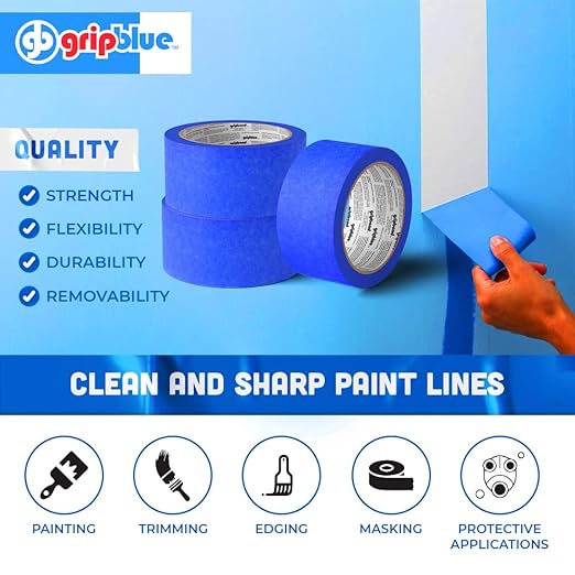 Blue Painters Tape 2 Inch Wide, 3 Rolls Masking Tape - Perfect for Precise Lines on Walls & Trim, Multi-Surface, Residue-Free, Easy Removal - Ideal for Indoor & Outdoor Use, 1.88in x 60yds