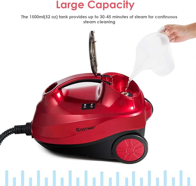 COSTWAY 2000W Multipurpose Steam Cleaner with 19 Accessories, Household Steamer with 1.5L Tank for Cleaning, Heavy Duty Rolling Cleaning Machine for Carpet, Floors, Windows and Cars, Red