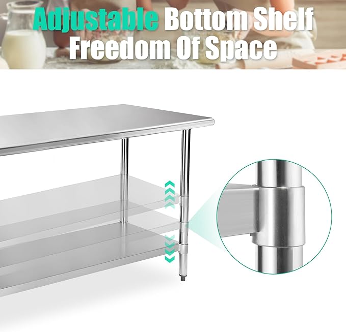 STABLEINK NSF Stainless Steel Table 30 x 60 Inches 5ft Metal Prep & Work Tables with Adjustable Undershelf, for Commercial Kitchen, Restaurant, Hotel, Laundry Room and Garage