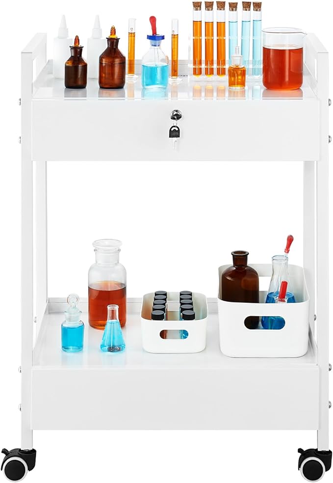 VEVOR Lab Cart, 2 Tiers Stainless Steel Utility Cart, Medical Cart with 2 Drawers, Rolling Lab Cart White Paint, Serving Cart with Swivel Casters for Laboratory, Hospital, Dental, Salon and Beauty