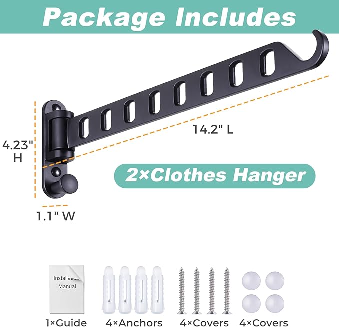 Laundry Drying Rack - Wall Mounted Clothes Hanger with Swing Arm, 8-Hole Hanging Bar & Swing Away Coat Hanger Holder, Foldable Space Saving, 180° Rotation (2-Pack, Black)