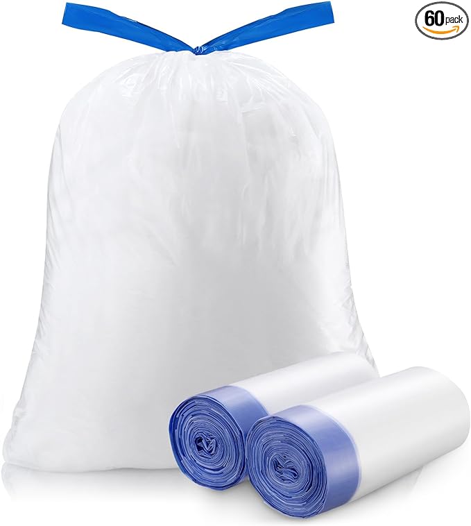 Trash Bag 8 Gallon Medium Drawstring Garbage Bags for 8 Gallon Trash Cans, Kitchen Bedroom Bathroom Living room Office Restaurant Thickened Stretchy (60 Count)