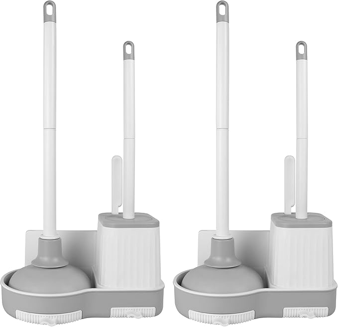 2 Pack Toilet Brush and Holder Set with Plunger, Crevice Cleaning Brush for Deep Cleaning, Space Saving Storage