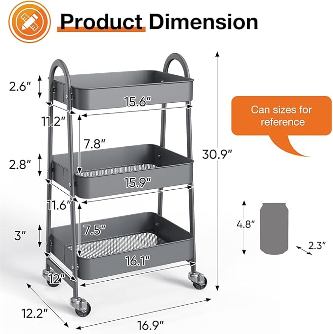 3-Tier Metal Rolling Utility Cart, Small Rolling Cart Kitchen Trolley Bathroom Laundry Room Bar Office Shelves Storage Organizer Shelving Unit with Caster Wheels for Narrow Places, Grey