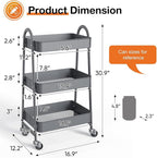 3-Tier Metal Rolling Utility Cart, Small Rolling Cart Kitchen Trolley Bathroom Laundry Room Bar Office Shelves Storage Organizer Shelving Unit with Caster Wheels for Narrow Places, Grey