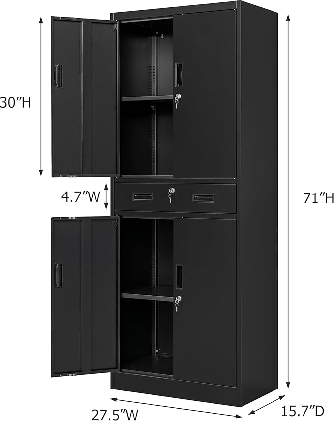 Metal Storage Cabinets with 1Drawer, 71" Storage Cabinet with 4 Locking Doors and 2 Adjustable Shelves, Steel Storage File Cabinet for Pantry Home, Kitchen, Office, Garage (Black)